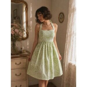 Maggy London Romantic Petite Halter Dress Green White Floral Fit & Flare‎ 6P